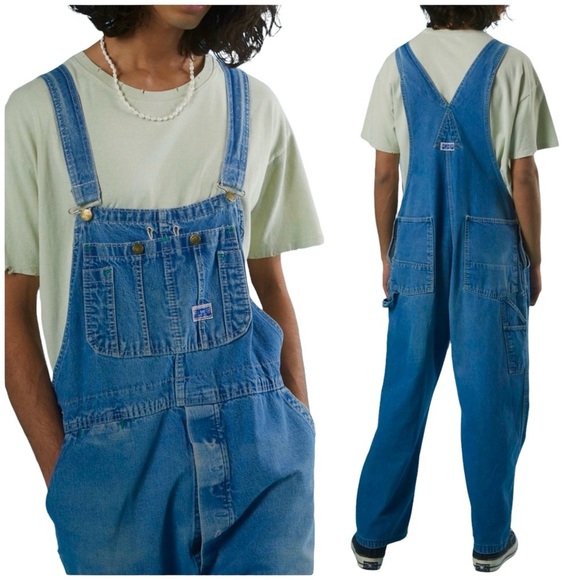 Unisex Big Smith Bib Overalls Workwear Oversized 100% Cotton Medium Wash Blue 44 - Picture 1 of 13